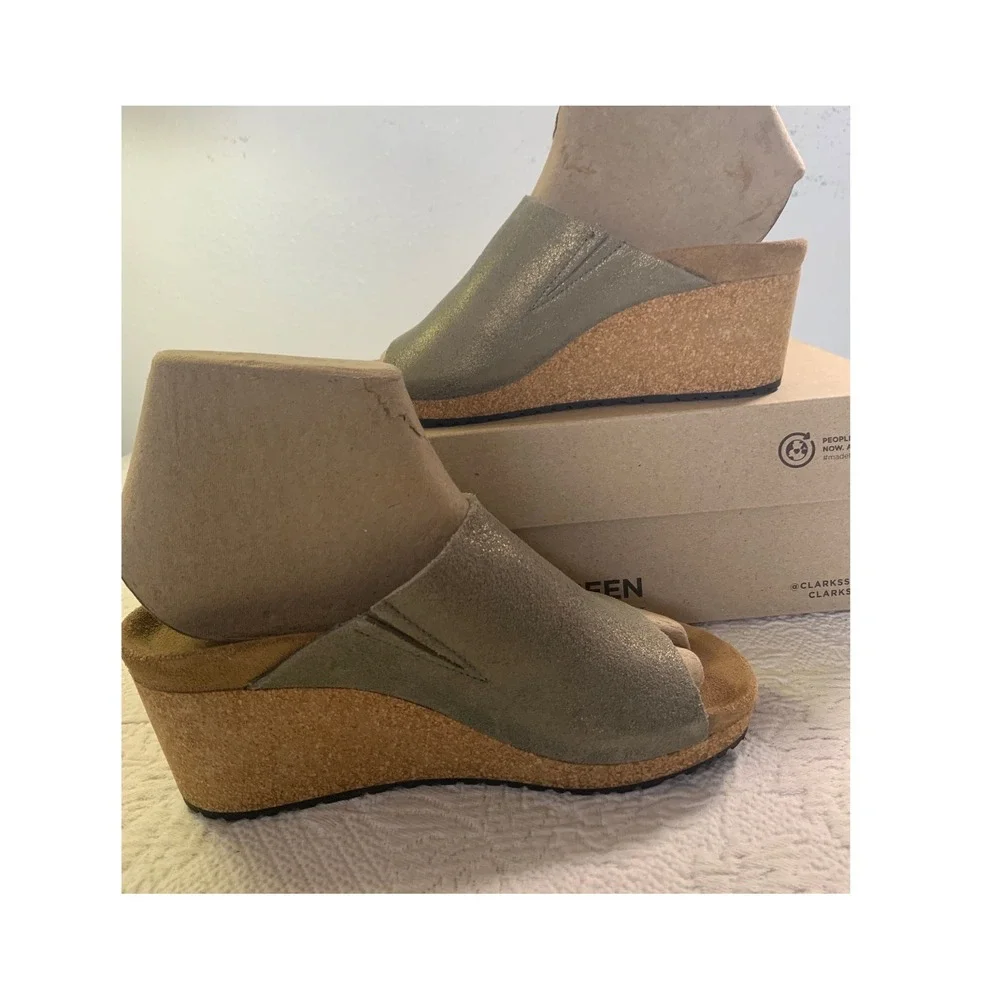 Papillio by Birkenstock Namica Metallic Silver Grey Suede Cork Wedge Sandals 36